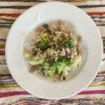 white dish with Thai pork and veggies