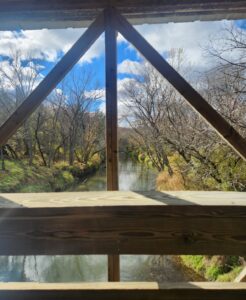 peering through a railing at a river below