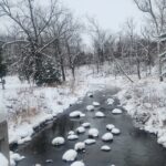 snow covered rocks on a river